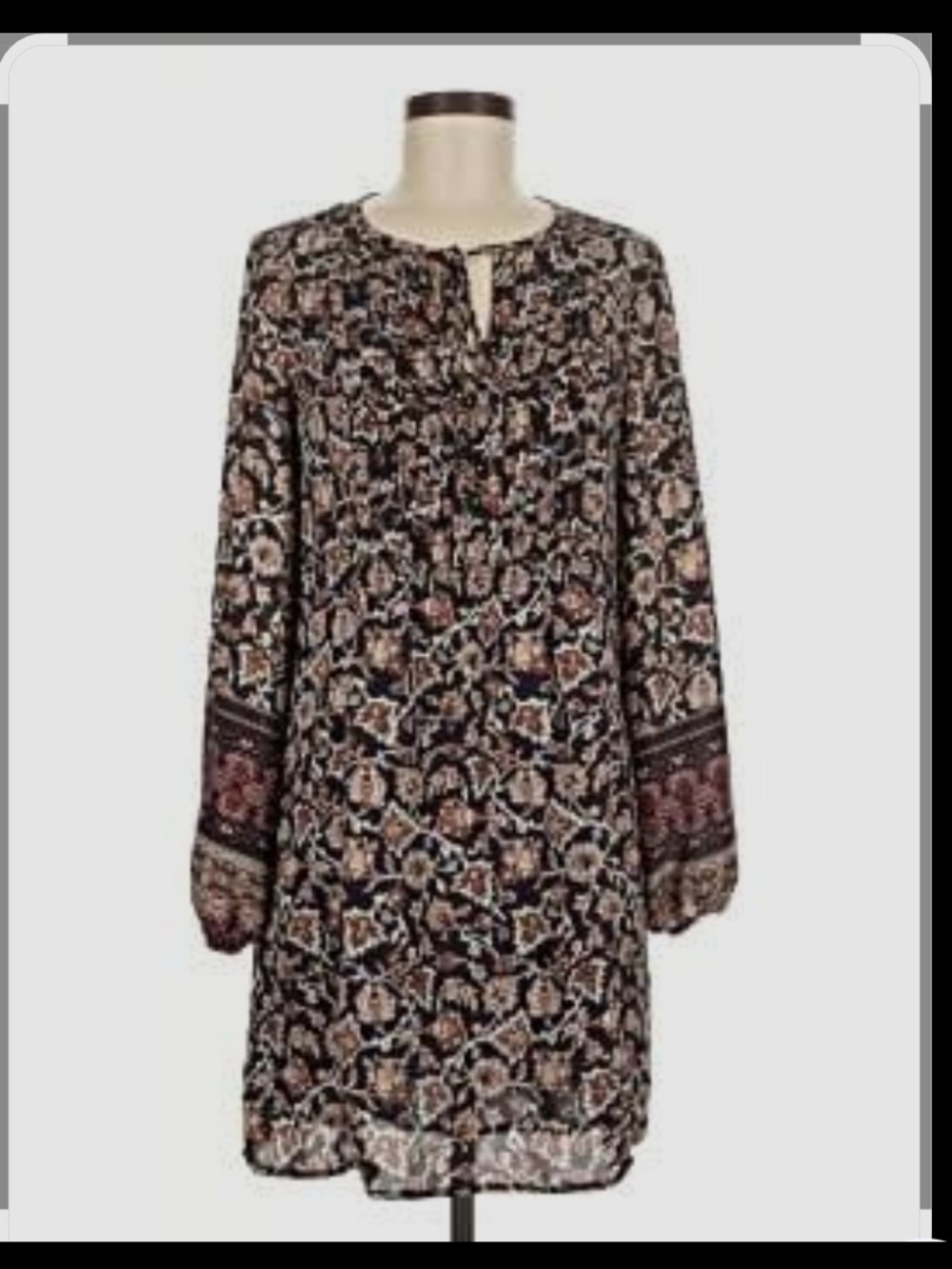 Fleur Bleue Flowing Boho Floral Long-Sleeve Tunic Dress - Black & Brown Size 6